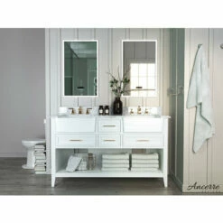 Ancerre Designs Hayley Freestanding Double Sink Bath Vanity Set With Assorted Cabinet Base Finishes, Italian Carrara White Marble Vanity Countertop, And 2x White Farmhouse Apron Basins, 60" Wide, 4-Drawers, 1 Open Bottom Shelf -Allied Brass Shop anc vts hayley 60 w cw 1 s3