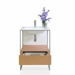 Ancerre Designs Tory 24'' Bath Vanity Set In Natural Walnut With White Matte Seamless Solid Surface Sink Top And Mirror