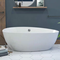 Cambridge Plumbing 62" Engineered Stone Free Standing Oval Double Ended Oval Soaking Tub With Polished Chrome Drain And Overflow: Tub Capacity 55 Gallons -Allied Brass Shop cap es fsdeo62 cp s3