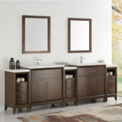 Fresca Cambridge 96" Antique Coffee Or White Double Sink Traditional Bathroom Vanity With Mirrors, Set Includes: (2) Base Cabinets, (3) Side Cabinets, (2) Countertop/Sinks, (2) Faucets, (2) Mirrors, (2) P-Traps, (2) Pop-Up Drains And Installation Hardware -Allied Brass Shop fre fvn21 96ac 1 s3