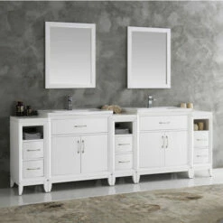 Fresca Cambridge 96" Antique Coffee Or White Double Sink Traditional Bathroom Vanity With Mirrors, Set Includes: (2) Base Cabinets, (3) Side Cabinets, (2) Countertop/Sinks, (2) Faucets, (2) Mirrors, (2) P-Traps, (2) Pop-Up Drains And Installation Hardware