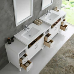 Fresca Cambridge 96" Antique Coffee Or White Double Sink Traditional Bathroom Vanity With Mirrors, Set Includes: (2) Base Cabinets, (3) Side Cabinets, (2) Countertop/Sinks, (2) Faucets, (2) Mirrors, (2) P-Traps, (2) Pop-Up Drains And Installation Hardware -Allied Brass Shop fre fvn21 96wh 4 s3