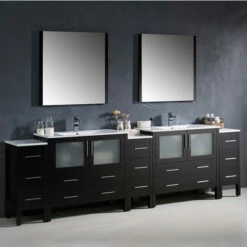 Fresca Torino 108" Modern Double Sink Bathroom Vanity With Integrated Sinks, Set Includes: (2) Base Cabinets, (3) Side Cabinets, (2) Countertops, (2) Undermount Sinks, (2) Faucets, (2) Mirrors, (2) P-Traps, (2) Pop-Up Drains And Installation Hardware 29 Fresca Torino 108" Modern Double Sink Bathroom Vanity With Integrated Sinks, Set Includes: (2) Base Cabinets, (3) Side Cabinets, (2) Countertops, (2) Undermount Sinks, (2) Faucets, (2) Mirrors, (2) P-Traps, (2) Pop-Up Drains And Installation Hardware -Allied Brass Shop fre fvn62 108es uns 1 s3