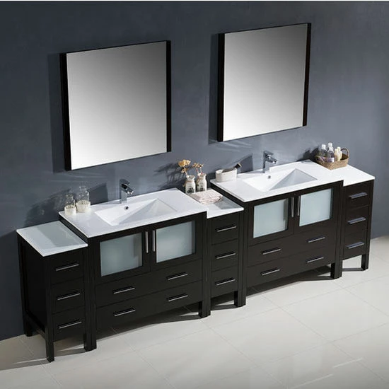 Fresca Torino 108" Modern Double Sink Bathroom Vanity With Integrated Sinks, Set Includes: (2) Base Cabinets, (3) Side Cabinets, (2) Countertops, (2) Undermount Sinks, (2) Faucets, (2) Mirrors, (2) P-Traps, (2) Pop-Up Drains And Installation Hardware 6 Fresca Torino 108" Modern Double Sink Bathroom Vanity With Integrated Sinks, Set Includes: (2) Base Cabinets, (3) Side Cabinets, (2) Countertops, (2) Undermount Sinks, (2) Faucets, (2) Mirrors, (2) P-Traps, (2) Pop-Up Drains And Installation Hardware - Image 6