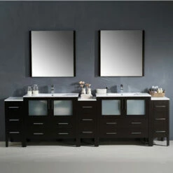 Fresca Torino 108" Modern Double Sink Bathroom Vanity With Integrated Sinks, Set Includes: (2) Base Cabinets, (3) Side Cabinets, (2) Countertops, (2) Undermount Sinks, (2) Faucets, (2) Mirrors, (2) P-Traps, (2) Pop-Up Drains And Installation Hardware 22 Fresca Torino 108" Modern Double Sink Bathroom Vanity With Integrated Sinks, Set Includes: (2) Base Cabinets, (3) Side Cabinets, (2) Countertops, (2) Undermount Sinks, (2) Faucets, (2) Mirrors, (2) P-Traps, (2) Pop-Up Drains And Installation Hardware -Allied Brass Shop fre fvn62 108es uns 3 s3
