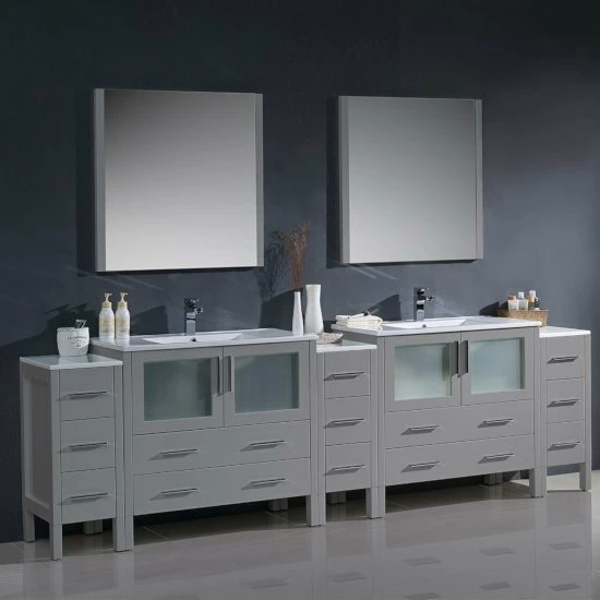 Fresca Torino 108" Modern Double Sink Bathroom Vanity With Integrated Sinks, Set Includes: (2) Base Cabinets, (3) Side Cabinets, (2) Countertops, (2) Undermount Sinks, (2) Faucets, (2) Mirrors, (2) P-Traps, (2) Pop-Up Drains And Installation Hardware 2 Fresca Torino 108" Modern Double Sink Bathroom Vanity With Integrated Sinks, Set Includes: (2) Base Cabinets, (3) Side Cabinets, (2) Countertops, (2) Undermount Sinks, (2) Faucets, (2) Mirrors, (2) P-Traps, (2) Pop-Up Drains And Installation Hardware - Image 2