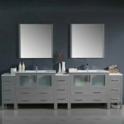 Fresca Torino 108" Modern Double Sink Bathroom Vanity With Integrated Sinks, Set Includes: (2) Base Cabinets, (3) Side Cabinets, (2) Countertops, (2) Undermount Sinks, (2) Faucets, (2) Mirrors, (2) P-Traps, (2) Pop-Up Drains And Installation Hardware 26 Fresca Torino 108" Modern Double Sink Bathroom Vanity With Integrated Sinks, Set Includes: (2) Base Cabinets, (3) Side Cabinets, (2) Countertops, (2) Undermount Sinks, (2) Faucets, (2) Mirrors, (2) P-Traps, (2) Pop-Up Drains And Installation Hardware -Allied Brass Shop fre fvn62 108gr uns 2 s3