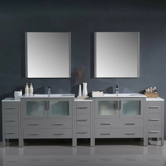 Fresca Torino 108" Modern Double Sink Bathroom Vanity With Integrated Sinks, Set Includes: (2) Base Cabinets, (3) Side Cabinets, (2) Countertops, (2) Undermount Sinks, (2) Faucets, (2) Mirrors, (2) P-Traps, (2) Pop-Up Drains And Installation Hardware 12 Fresca Torino 108" Modern Double Sink Bathroom Vanity With Integrated Sinks, Set Includes: (2) Base Cabinets, (3) Side Cabinets, (2) Countertops, (2) Undermount Sinks, (2) Faucets, (2) Mirrors, (2) P-Traps, (2) Pop-Up Drains And Installation Hardware - Image 12