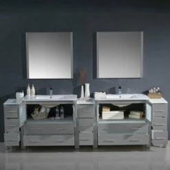 Fresca Torino 108" Modern Double Sink Bathroom Vanity With Integrated Sinks, Set Includes: (2) Base Cabinets, (3) Side Cabinets, (2) Countertops, (2) Undermount Sinks, (2) Faucets, (2) Mirrors, (2) P-Traps, (2) Pop-Up Drains And Installation Hardware 27 Fresca Torino 108" Modern Double Sink Bathroom Vanity With Integrated Sinks, Set Includes: (2) Base Cabinets, (3) Side Cabinets, (2) Countertops, (2) Undermount Sinks, (2) Faucets, (2) Mirrors, (2) P-Traps, (2) Pop-Up Drains And Installation Hardware -Allied Brass Shop fre fvn62 108gr uns 3 s3