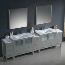 Fresca Torino 108" Modern Double Sink Bathroom Vanity With Integrated Sinks, Set Includes: (2) Base Cabinets, (3) Side Cabinets, (2) Countertops, (2) Undermount Sinks, (2) Faucets, (2) Mirrors, (2) P-Traps, (2) Pop-Up Drains And Installation Hardware 28 Fresca Torino 108" Modern Double Sink Bathroom Vanity With Integrated Sinks, Set Includes: (2) Base Cabinets, (3) Side Cabinets, (2) Countertops, (2) Undermount Sinks, (2) Faucets, (2) Mirrors, (2) P-Traps, (2) Pop-Up Drains And Installation Hardware -Allied Brass Shop fre fvn62 108gr uns 4 s3