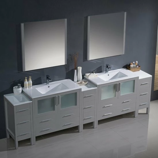 Fresca Torino 108" Modern Double Sink Bathroom Vanity With Integrated Sinks, Set Includes: (2) Base Cabinets, (3) Side Cabinets, (2) Countertops, (2) Undermount Sinks, (2) Faucets, (2) Mirrors, (2) P-Traps, (2) Pop-Up Drains And Installation Hardware 14 Fresca Torino 108" Modern Double Sink Bathroom Vanity With Integrated Sinks, Set Includes: (2) Base Cabinets, (3) Side Cabinets, (2) Countertops, (2) Undermount Sinks, (2) Faucets, (2) Mirrors, (2) P-Traps, (2) Pop-Up Drains And Installation Hardware - Image 14