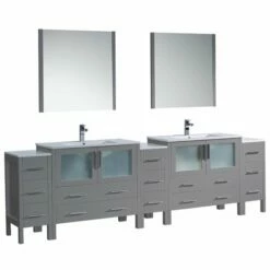 Fresca Torino 108" Modern Double Sink Bathroom Vanity With Integrated Sinks, Set Includes: (2) Base Cabinets, (3) Side Cabinets, (2) Countertops, (2) Undermount Sinks, (2) Faucets, (2) Mirrors, (2) P-Traps, (2) Pop-Up Drains And Installation Hardware 19 Fresca Torino 108" Modern Double Sink Bathroom Vanity With Integrated Sinks, Set Includes: (2) Base Cabinets, (3) Side Cabinets, (2) Countertops, (2) Undermount Sinks, (2) Faucets, (2) Mirrors, (2) P-Traps, (2) Pop-Up Drains And Installation Hardware -Allied Brass Shop fre fvn62 108gr uns whitebackground s3