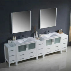 Fresca Torino 108" Modern Double Sink Bathroom Vanity With Integrated Sinks, Set Includes: (2) Base Cabinets, (3) Side Cabinets, (2) Countertops, (2) Undermount Sinks, (2) Faucets, (2) Mirrors, (2) P-Traps, (2) Pop-Up Drains And Installation Hardware 21 Fresca Torino 108" Modern Double Sink Bathroom Vanity With Integrated Sinks, Set Includes: (2) Base Cabinets, (3) Side Cabinets, (2) Countertops, (2) Undermount Sinks, (2) Faucets, (2) Mirrors, (2) P-Traps, (2) Pop-Up Drains And Installation Hardware -Allied Brass Shop fre fvn62 108wh uns 2 s3