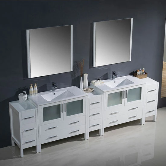 Fresca Torino 108" Modern Double Sink Bathroom Vanity With Integrated Sinks, Set Includes: (2) Base Cabinets, (3) Side Cabinets, (2) Countertops, (2) Undermount Sinks, (2) Faucets, (2) Mirrors, (2) P-Traps, (2) Pop-Up Drains And Installation Hardware 7 Fresca Torino 108" Modern Double Sink Bathroom Vanity With Integrated Sinks, Set Includes: (2) Base Cabinets, (3) Side Cabinets, (2) Countertops, (2) Undermount Sinks, (2) Faucets, (2) Mirrors, (2) P-Traps, (2) Pop-Up Drains And Installation Hardware - Image 7
