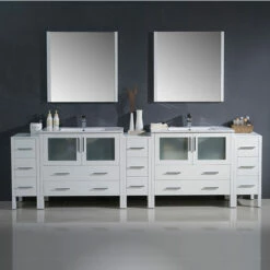Fresca Torino 108" Modern Double Sink Bathroom Vanity With Integrated Sinks, Set Includes: (2) Base Cabinets, (3) Side Cabinets, (2) Countertops, (2) Undermount Sinks, (2) Faucets, (2) Mirrors, (2) P-Traps, (2) Pop-Up Drains And Installation Hardware 23 Fresca Torino 108" Modern Double Sink Bathroom Vanity With Integrated Sinks, Set Includes: (2) Base Cabinets, (3) Side Cabinets, (2) Countertops, (2) Undermount Sinks, (2) Faucets, (2) Mirrors, (2) P-Traps, (2) Pop-Up Drains And Installation Hardware -Allied Brass Shop fre fvn62 108wh uns 3 s3