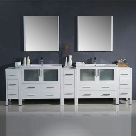 Fresca Torino 108" Modern Double Sink Bathroom Vanity With Integrated Sinks, Set Includes: (2) Base Cabinets, (3) Side Cabinets, (2) Countertops, (2) Undermount Sinks, (2) Faucets, (2) Mirrors, (2) P-Traps, (2) Pop-Up Drains And Installation Hardware 9 Fresca Torino 108" Modern Double Sink Bathroom Vanity With Integrated Sinks, Set Includes: (2) Base Cabinets, (3) Side Cabinets, (2) Countertops, (2) Undermount Sinks, (2) Faucets, (2) Mirrors, (2) P-Traps, (2) Pop-Up Drains And Installation Hardware - Image 9