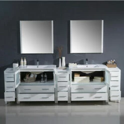 Fresca Torino 108" Modern Double Sink Bathroom Vanity With Integrated Sinks, Set Includes: (2) Base Cabinets, (3) Side Cabinets, (2) Countertops, (2) Undermount Sinks, (2) Faucets, (2) Mirrors, (2) P-Traps, (2) Pop-Up Drains And Installation Hardware 25 Fresca Torino 108" Modern Double Sink Bathroom Vanity With Integrated Sinks, Set Includes: (2) Base Cabinets, (3) Side Cabinets, (2) Countertops, (2) Undermount Sinks, (2) Faucets, (2) Mirrors, (2) P-Traps, (2) Pop-Up Drains And Installation Hardware -Allied Brass Shop fre fvn62 108wh uns 4 s3