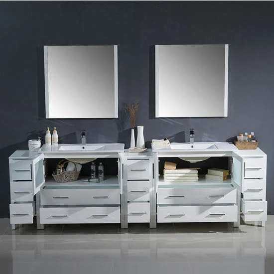 Fresca Torino 108" Modern Double Sink Bathroom Vanity With Integrated Sinks, Set Includes: (2) Base Cabinets, (3) Side Cabinets, (2) Countertops, (2) Undermount Sinks, (2) Faucets, (2) Mirrors, (2) P-Traps, (2) Pop-Up Drains And Installation Hardware 11 Fresca Torino 108" Modern Double Sink Bathroom Vanity With Integrated Sinks, Set Includes: (2) Base Cabinets, (3) Side Cabinets, (2) Countertops, (2) Undermount Sinks, (2) Faucets, (2) Mirrors, (2) P-Traps, (2) Pop-Up Drains And Installation Hardware - Image 11