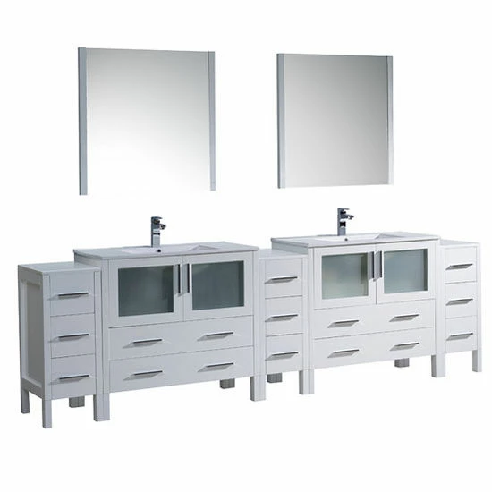 Fresca Torino 108" Modern Double Sink Bathroom Vanity With Integrated Sinks, Set Includes: (2) Base Cabinets, (3) Side Cabinets, (2) Countertops, (2) Undermount Sinks, (2) Faucets, (2) Mirrors, (2) P-Traps, (2) Pop-Up Drains And Installation Hardware 4 Fresca Torino 108" Modern Double Sink Bathroom Vanity With Integrated Sinks, Set Includes: (2) Base Cabinets, (3) Side Cabinets, (2) Countertops, (2) Undermount Sinks, (2) Faucets, (2) Mirrors, (2) P-Traps, (2) Pop-Up Drains And Installation Hardware - Image 4