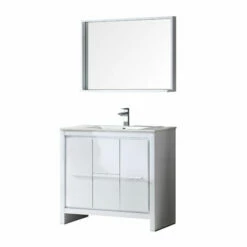 Fresca Allier 36" Wenge Or Antique White Modern Bathroom Vanity With Mirror, Set Includes: Base Cabinet, Countertop/Sink Top, Faucet, Mirror W/ Shelf, P-Trap, Pop-Up Drain And Installation Hardware -Allied Brass Shop fre fvn8136wh whitebackground s3