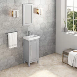 Jeffrey Alexander Cade Single Bowl Vanity Base With Porcelain Vessel Sink Top, 18" W Base Cabinet -Allied Brass Shop jea vkitcad18grpor s3