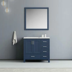 Lexora Home Jacques 36'' Navy Blue Single Vanity Set With White Carrara Marble Top, Square Sink And 34'' Mirror - Left Or Right Version, 36''W X 22''D X 34''H 15 Lexora Home Jacques 36'' Navy Blue Single Vanity Set With White Carrara Marble Top, Square Sink And 34'' Mirror - Left Or Right Version, 36''W X 22''D X 34''H -Allied Brass Shop lex lj342236sedsm34 l 1 scaled s3