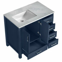 Lexora Home Jacques 36'' Navy Blue Single Vanity Set With White Carrara Marble Top, Square Sink And 34'' Mirror - Left Or Right Version, 36''W X 22''D X 34''H 13 Lexora Home Jacques 36'' Navy Blue Single Vanity Set With White Carrara Marble Top, Square Sink And 34'' Mirror - Left Or Right Version, 36''W X 22''D X 34''H -Allied Brass Shop lex lj342236sedsm34 l 7 scaled s3