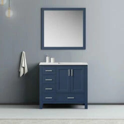 Lexora Home Jacques 36'' Navy Blue Single Vanity Set With White Carrara Marble Top, Square Sink And 34'' Mirror - Left Or Right Version, 36''W X 22''D X 34''H