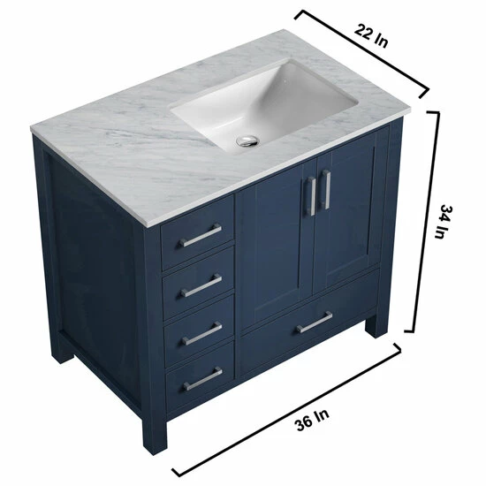 Lexora Home Jacques 36'' Navy Blue Single Vanity Set With White Carrara Marble Top, Square Sink And 34'' Mirror - Left Or Right Version, 36''W X 22''D X 34''H 7 Lexora Home Jacques 36'' Navy Blue Single Vanity Set With White Carrara Marble Top, Square Sink And 34'' Mirror - Left Or Right Version, 36''W X 22''D X 34''H - Image 7