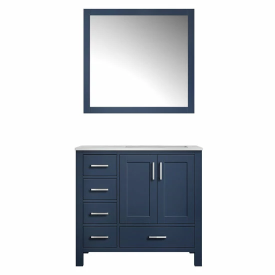 Lexora Home Jacques 36'' Navy Blue Single Vanity Set With White Carrara Marble Top, Square Sink And 34'' Mirror - Left Or Right Version, 36''W X 22''D X 34''H 3 Lexora Home Jacques 36'' Navy Blue Single Vanity Set With White Carrara Marble Top, Square Sink And 34'' Mirror - Left Or Right Version, 36''W X 22''D X 34''H - Image 3