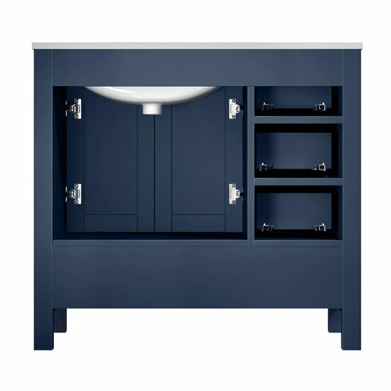 Lexora Home Jacques 36'' Navy Blue Single Vanity Set With White Carrara Marble Top, Square Sink And 34'' Mirror - Left Or Right Version, 36''W X 22''D X 34''H 5 Lexora Home Jacques 36'' Navy Blue Single Vanity Set With White Carrara Marble Top, Square Sink And 34'' Mirror - Left Or Right Version, 36''W X 22''D X 34''H - Image 5