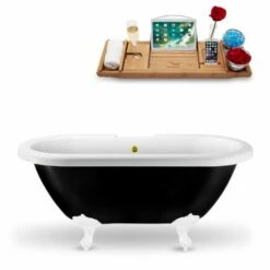 Streamline 59'' Or 67'' Black Or White Exterior Clawfoot Tub, Included External Drain And FREE Natural Bamboo Wood Tray With Multiple Clawfoot And Drain Finishes -Allied Brass Shop str n1120wh gld 1 s3