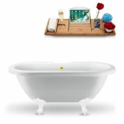 Streamline 59'' Or 67'' Black Or White Exterior Clawfoot Tub, Included External Drain And FREE Natural Bamboo Wood Tray With Multiple Clawfoot And Drain Finishes -Allied Brass Shop str n1121wh gld 1 s3