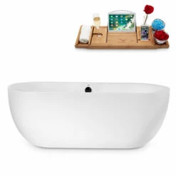 Streamline 67" W Modern Oval Soaking Freestanding Bathtub With White Exterior, White Interior, And Assorted Internal Drain Colors, Water Tub Capacity: 66 Gallons, FREE Natural Bamboo Expandable Tray -Allied Brass Shop str n1800bl 1 s3