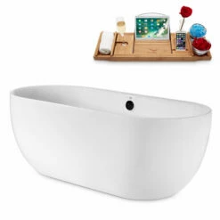 Streamline 67" W Modern Oval Soaking Freestanding Bathtub With White Exterior, White Interior, And Assorted Internal Drain Colors, Water Tub Capacity: 66 Gallons, FREE Natural Bamboo Expandable Tray -Allied Brass Shop str n1800bl 2 s3