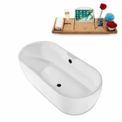 Streamline 67" W Modern Oval Soaking Freestanding Bathtub With White Exterior, White Interior, And Assorted Internal Drain Colors, Water Tub Capacity: 66 Gallons, FREE Natural Bamboo Expandable Tray -Allied Brass Shop str n1800bl 3 s3