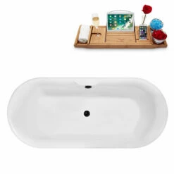 Streamline 67" W Modern Oval Soaking Freestanding Bathtub With White Exterior, White Interior, And Assorted Internal Drain Colors, Water Tub Capacity: 66 Gallons, FREE Natural Bamboo Expandable Tray -Allied Brass Shop str n1800bl 4 s3