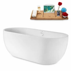 Streamline 67" W Modern Oval Soaking Freestanding Bathtub With White Exterior, White Interior, And Assorted Internal Drain Colors, Water Tub Capacity: 66 Gallons, FREE Natural Bamboo Expandable Tray -Allied Brass Shop str n1800wh 2 s3