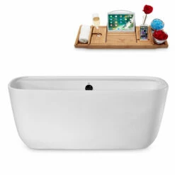 Streamline 59" W Modern Oval Soaking Freestanding Bathtub With White Exterior, White Interior, And Assorted Internal Drain Colors, Water Tub Capacity: 63 Gallons, FREE Natural Bamboo Expandable Tray -Allied Brass Shop str n2060bl 1 s3
