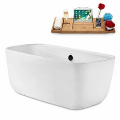 Streamline 59" W Modern Oval Soaking Freestanding Bathtub With White Exterior, White Interior, And Assorted Internal Drain Colors, Water Tub Capacity: 63 Gallons, FREE Natural Bamboo Expandable Tray -Allied Brass Shop str n2060bl 2 s3