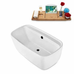 Streamline 59" W Modern Oval Soaking Freestanding Bathtub With White Exterior, White Interior, And Assorted Internal Drain Colors, Water Tub Capacity: 63 Gallons, FREE Natural Bamboo Expandable Tray -Allied Brass Shop str n2060bl 3 s3