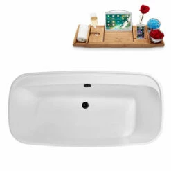 Streamline 59" W Modern Oval Soaking Freestanding Bathtub With White Exterior, White Interior, And Assorted Internal Drain Colors, Water Tub Capacity: 63 Gallons, FREE Natural Bamboo Expandable Tray -Allied Brass Shop str n2060bl 4 s3