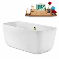 Streamline 59" W Modern Oval Soaking Freestanding Bathtub With White Exterior, White Interior, And Assorted Internal Drain Colors, Water Tub Capacity: 63 Gallons, FREE Natural Bamboo Expandable Tray -Allied Brass Shop str n2060gld 2 s3