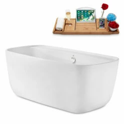 Streamline 59" W Modern Oval Soaking Freestanding Bathtub With White Exterior, White Interior, And Assorted Internal Drain Colors, Water Tub Capacity: 63 Gallons, FREE Natural Bamboo Expandable Tray -Allied Brass Shop str n2060wh 2 s3