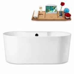 Streamline 59" W Modern Oval Soaking Freestanding Bathtub With White Exterior, White Interior, And Assorted Internal Drain Colors, Water Tub Capacity: 61 Gallons, FREE Natural Bamboo Expandable Tray -Allied Brass Shop str n2120bl 1 s3