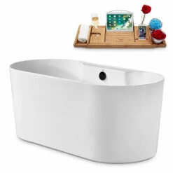 Streamline 59" W Modern Oval Soaking Freestanding Bathtub With White Exterior, White Interior, And Assorted Internal Drain Colors, Water Tub Capacity: 61 Gallons, FREE Natural Bamboo Expandable Tray -Allied Brass Shop str n2120bl 2 s3