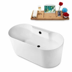 Streamline 59" W Modern Oval Soaking Freestanding Bathtub With White Exterior, White Interior, And Assorted Internal Drain Colors, Water Tub Capacity: 61 Gallons, FREE Natural Bamboo Expandable Tray -Allied Brass Shop str n2120bl 3 s3