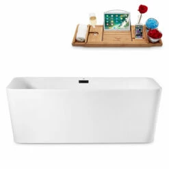 Streamline 63" W Modern Rectangular Soaking Freestanding Bathtub With White Exterior, White Interior, And Assorted Internal Drain Colors, Water Tub Capacity: 77 Gallons, FREE Natural Bamboo Expandable Tray -Allied Brass Shop str n682bl 1 s3