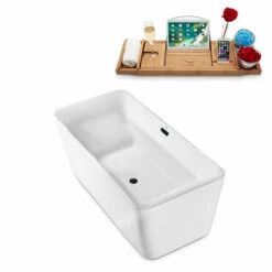 Streamline 63" W Modern Rectangular Soaking Freestanding Bathtub With White Exterior, White Interior, And Assorted Internal Drain Colors, Water Tub Capacity: 77 Gallons, FREE Natural Bamboo Expandable Tray -Allied Brass Shop str n682bl 3 s3