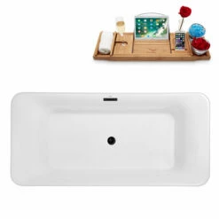 Streamline 63" W Modern Rectangular Soaking Freestanding Bathtub With White Exterior, White Interior, And Assorted Internal Drain Colors, Water Tub Capacity: 77 Gallons, FREE Natural Bamboo Expandable Tray -Allied Brass Shop str n682bl 4 s3